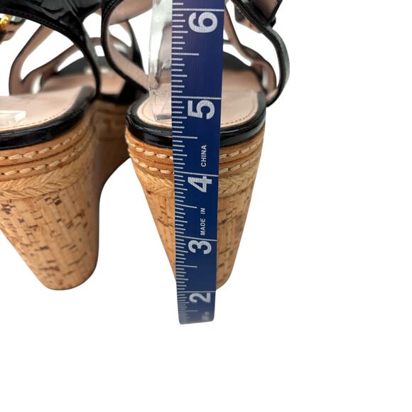 PRADA Vitello Shine Leather and Cork Espadrille Wedge Sandals Black Size 39 (9) - Picture 6 of 11